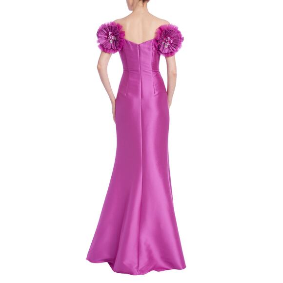 Badgley Mischka Mikado Mermaid Gown Off-Shoulder Pinwheel Flowers pink size 4 - Picture 5 of 15